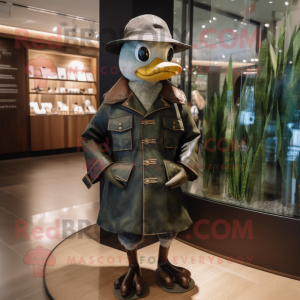 Olive Muscovy Duck mascot costume character dressed with a Leather Jacket and Hat pins