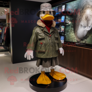 Olive Muscovy Duck mascot costume character dressed with a Leather Jacket and Hat pins