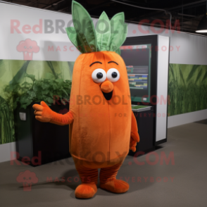 Rust Carrot mascot costume character dressed with a Empire Waist Dress and Shoe laces