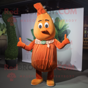 Rust Carrot mascot costume character dressed with a Empire Waist Dress and Shoe laces