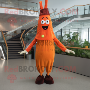 Rust Carrot mascot costume character dressed with a Empire Waist Dress and Shoe laces
