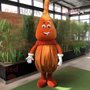 Rust Carrot mascot costume character dressed with a Empire Waist Dress and Shoe laces