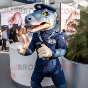Navy Allosaurus mascot costume character dressed with a Playsuit and Smartwatches