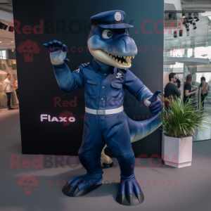 Navy Allosaurus mascot costume character dressed with a Playsuit and Smartwatches