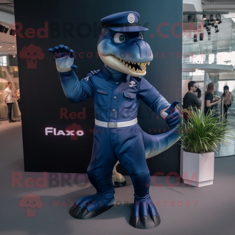 Navy Allosaurus mascot costume character dressed with a Playsuit and Smartwatches Navy Allosaurus mascot costume character dressed with a Playsuit and Smartwatches