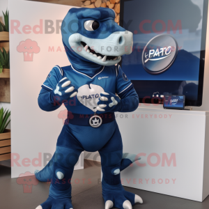 Navy Allosaurus mascot costume character dressed with a Playsuit and Smartwatches