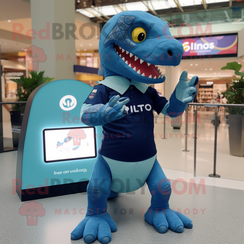 Navy Allosaurus mascot costume character dressed with a Playsuit and Smartwatches Navy Allosaurus mascot costume character dressed with a Playsuit and Smartwatches