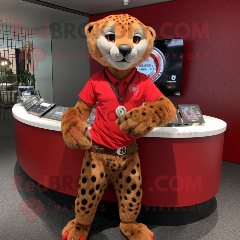 Red Cheetah mascot costume character dressed with a Cargo Shorts and Bracelet watches