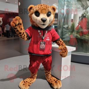 Red Cheetah mascot costume character dressed with a Cargo Shorts and Bracelet watches
