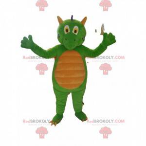 Mascotte de dragon vert et jaune. Costume de dragon -