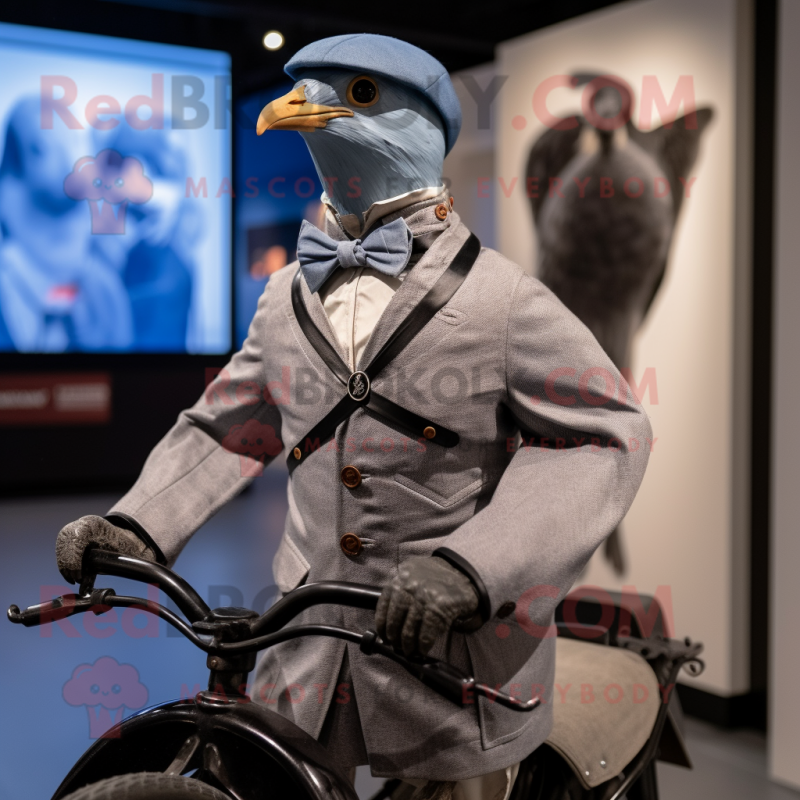 Gray Passenger Pigeon mascot costume character dressed with a Moto Jacket and Berets