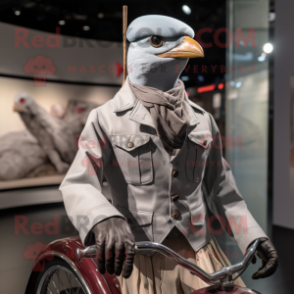 Gray Passenger Pigeon mascot costume character dressed with a Moto Jacket and Berets