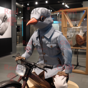 Gray Passenger Pigeon mascot costume character dressed with a Moto Jacket and Berets