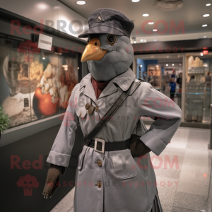 Gray Passenger Pigeon mascot costume character dressed with a Moto Jacket and Berets
