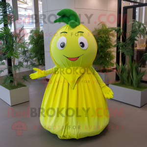 Lemon Yellow Zucchini mascot costume character dressed with a Midi Dress and Cummerbunds