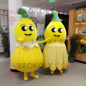 Lemon Yellow Zucchini mascot costume character dressed with a Midi Dress and Cummerbunds