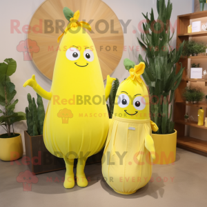 Lemon Yellow Zucchini mascot costume character dressed with a Midi Dress and Cummerbunds