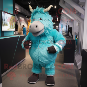 Turquoise Woolly Rhinoceros mascot costume character dressed with a Joggers and Digital watches