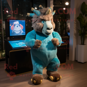 Turquoise Woolly Rhinoceros mascot costume character dressed with a Joggers and Digital watches