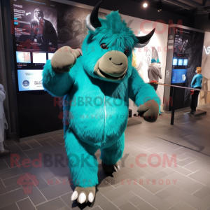 Turquoise Woolly Rhinoceros mascot costume character dressed with a Joggers and Digital watches