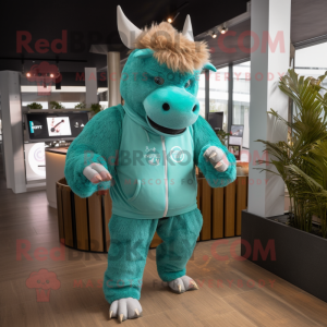 Turquoise Woolly Rhinoceros mascot costume character dressed with a Joggers and Digital watches