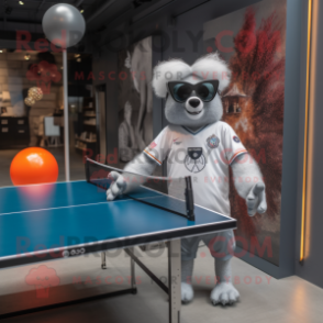 Silver Ping Pong Table mascot costume character dressed with a Rugby Shirt and Sunglasses