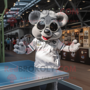 Silver Ping Pong Table mascot costume character dressed with a Rugby Shirt and Sunglasses
