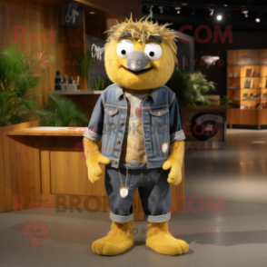 Gold Kiwi mascot costume character dressed with a Denim Shirt and Shoe clips