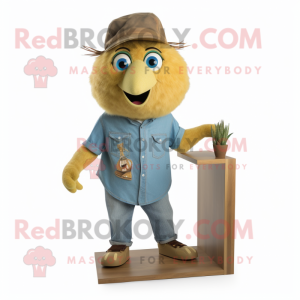 Gold Kiwi mascot costume character dressed with a Denim Shirt and Shoe clips