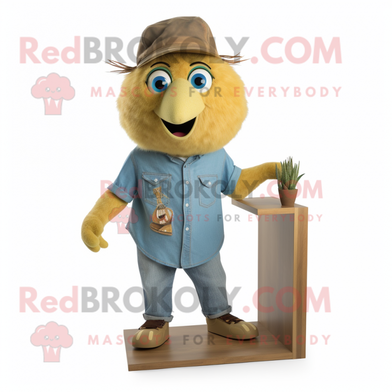 Gold Kiwi mascot costume character dressed with a Denim Shirt and Shoe clips