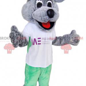 Mascote cachorro cinza super sorridente com camiseta branca -