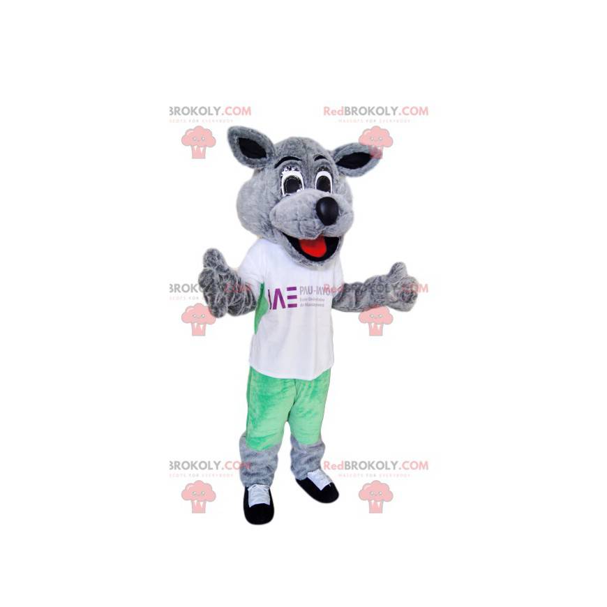 Mascote cachorro cinza super sorridente com camiseta branca - Mascote cachorro cinza super sorridente com camiseta branca -