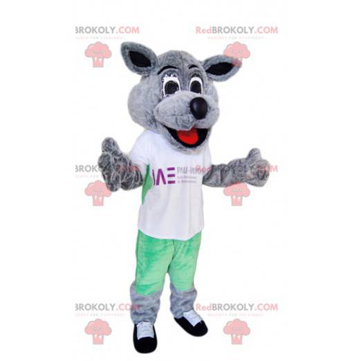 Super smiling gray dog mascot with a white t-shirt -