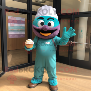 Teal Cupcake mascot costume character dressed with a Romper and Headbands