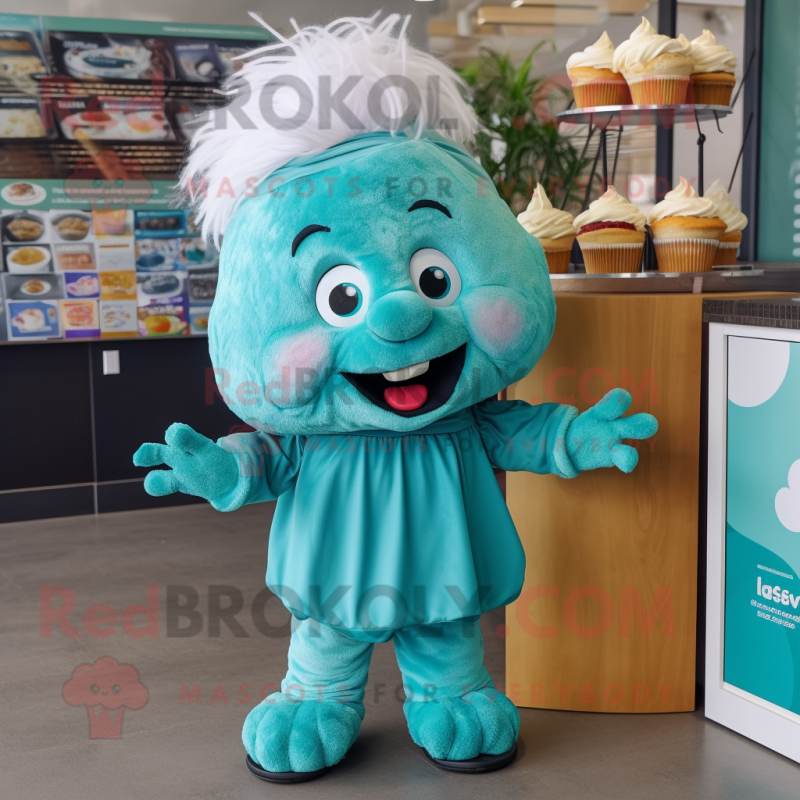 Teal Cupcake mascot costume character dressed with a Romper and Headbands Teal Cupcake mascot costume character dressed with a Romper and Headbands