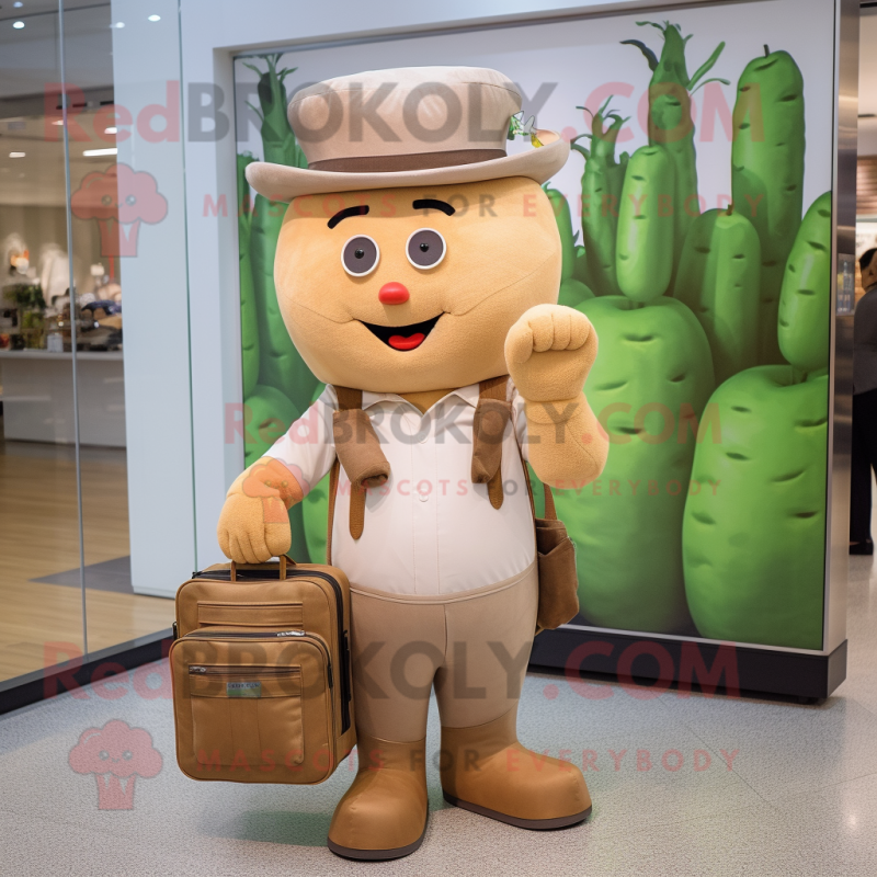 Tan Radish mascot costume character dressed with a Overalls and Briefcases