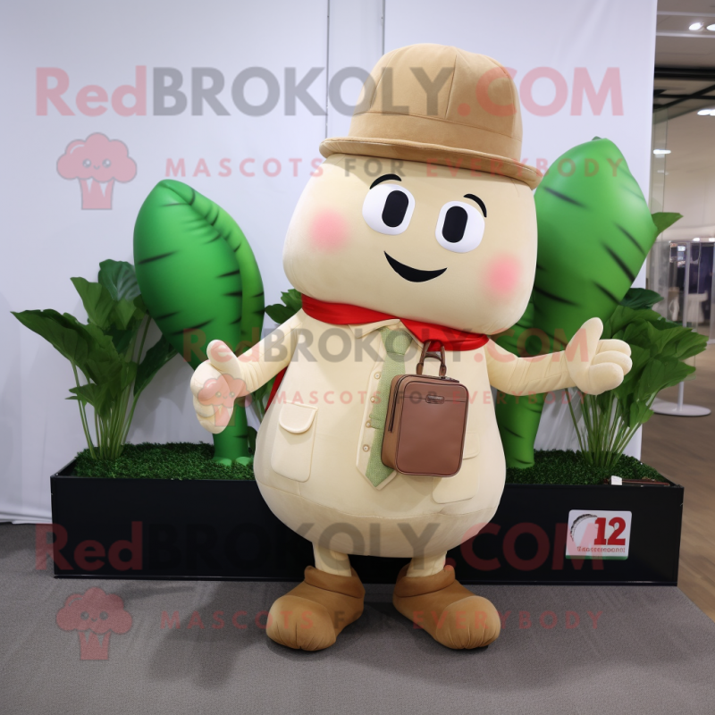 Tan Radish mascot costume character dressed with a Overalls and Briefcases