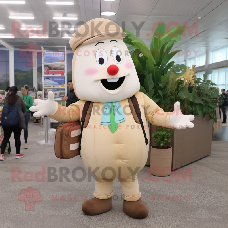 Tan Radish mascot costume character dressed with a Overalls and Briefcases