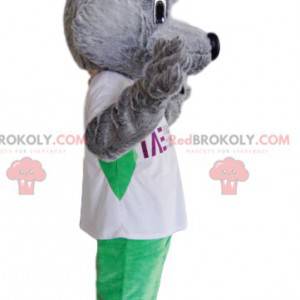Super lachende grijze hond mascotte met een wit t-shirt -
