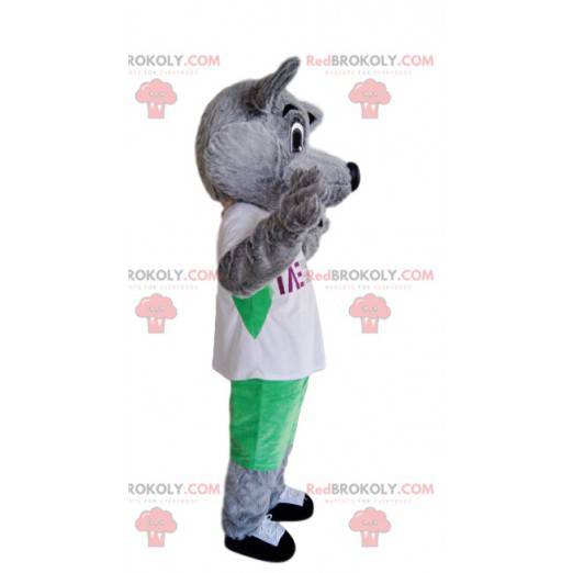 Super smiling gray dog mascot with a white t-shirt -