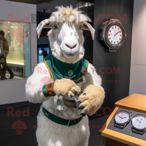 nan Boer Goat mascot costume character dressed with a Turtleneck and Bracelet watches