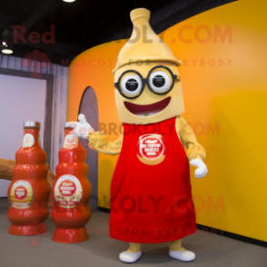 Gold Bottle Of Ketchup mascot costume character dressed with a Romper and Eyeglasses