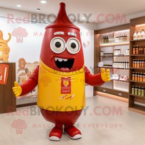 Gold Bottle Of Ketchup mascot costume character dressed with a Romper and Eyeglasses