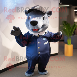 Navy Tapir mascot costume character dressed with a Sheath Dress and Beanies