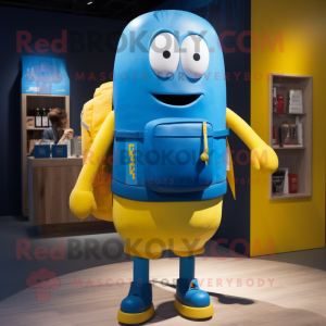 Blue Bottle Of Mustard mascot costume character dressed with a Shorts and Backpacks
