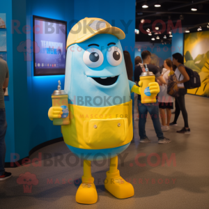 Blue Bottle Of Mustard mascot costume character dressed with a Shorts and Backpacks