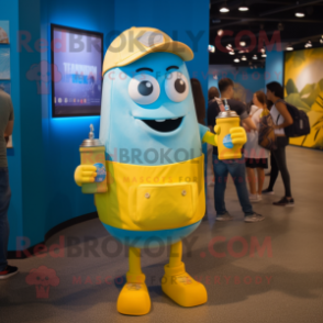 Blue Bottle Of Mustard mascot costume character dressed with a Shorts and Backpacks