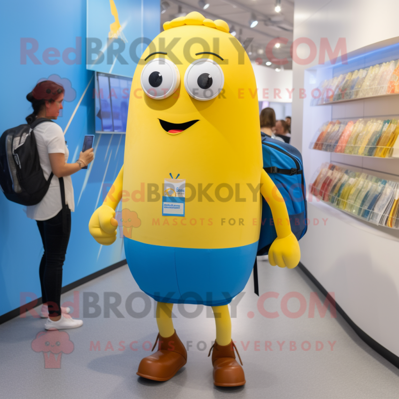 Blue Bottle Of Mustard mascot costume character dressed with a Shorts and Backpacks