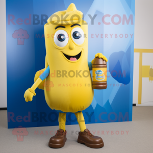 Blue Bottle Of Mustard mascot costume character dressed with a Shorts and Backpacks