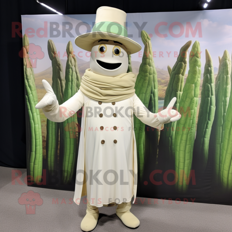 Cream Asparagus mascot costume character dressed with a Long Sleeve Tee and Hat pins Cream Asparagus mascot costume character dressed with a Long Sleeve Tee and Hat pins